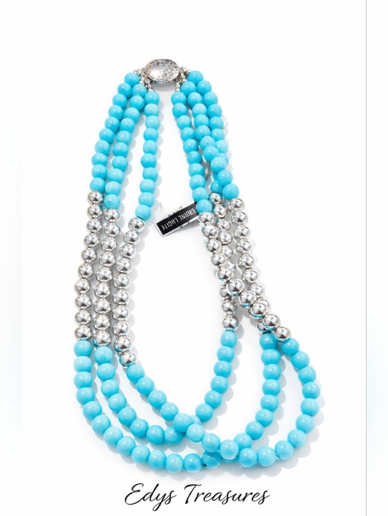 Jewelry - Vintage Genine Lucie Faux Turquoise Bead Multi Strand Necklace Silver Tone